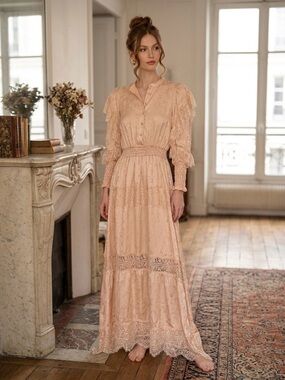 SoAllure Satin Peach Lace Jacquard Dress | Size 6 Vintage Inspired